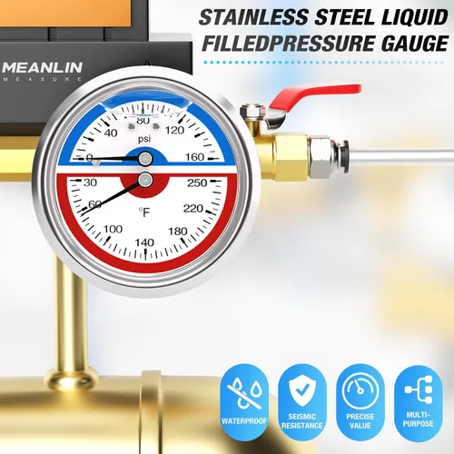 Vista 6 de MEANLIN MEASURE Manómetro térmico de acero inoxidable de 0-160 psi, 30-250 ℉, llenado de líquido, esfera de cara NPT de 2.5 pulgadas, con cinta