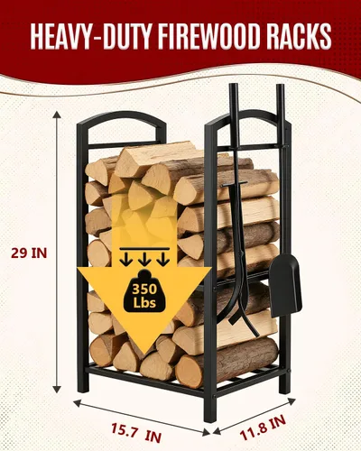 Vista 4 de Breeze Touch Estante de leña de 29 pulgadas con 4 herramientas para chimenea, soporte de troncos resistente de 5 piezas para chimenea