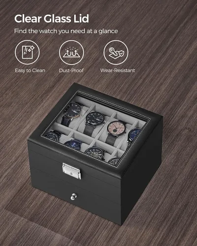 Vista 5 de SONGMICS Caja de reloj de 16 ranuras, caja de reloj con tapa de vidrio, 2 capas, vitrina de reloj con cerradura, cuero sintético negro, forro gris