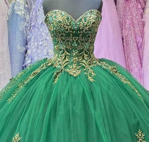 Vista 4 de Vestido de fiesta de quinceañera bordado dorado vestido de baile de novia vestido de satén hasta el suelo corsé 2023