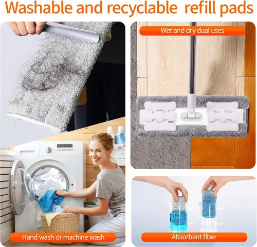 Vista 8 de Trapeador húmedo de microfibra de 360° para limpieza de suelos; 4 almohadillas de microfibra reutilizables resistentes; altura ajustable