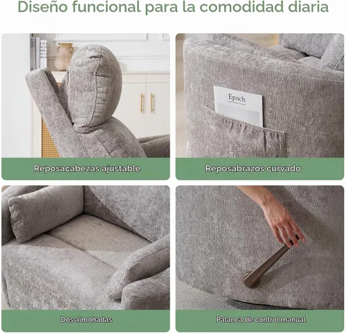 Vista 8 de Silla reclinable giratoria de gran tamaño con calor y masaje, mecedora con reposacabezas ajustable, silla reclinable manual mecedora con 2 Chenille