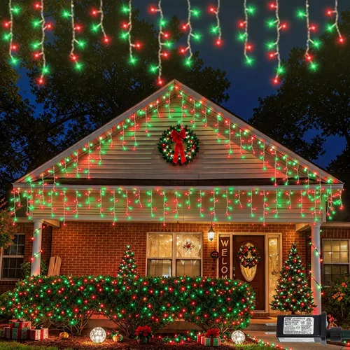 Vista 16 de Luces de carámbano azules y blancas para exteriores, tira de 400 luces LED de 33 pies para interiores, 8 modos conectables, luz de Navidad de Azul