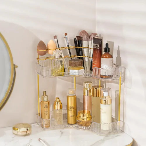 Vista 9 de shuang qing Organizador de Esquina de 2 Niveles para Mostrador de Baño – Estante de Almacenamiento Clásico para Maquillaje, Perfume y Artículos