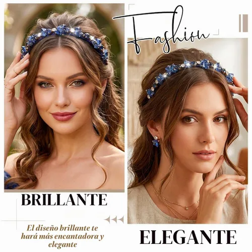 Vista 4 de Urieo Diadema de cristal con gemas azules, accesorio para el cabello de diamantes de imitación para mujer