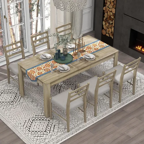 Vista 16 de Juego de mesa de comedor de madera de 7 piezas, mesa extensible multifuncional con hojas de 12 pulgadas y 2 cajones, 6 sillas de comedor con cojín