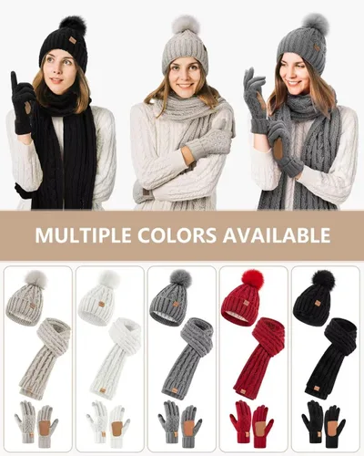 Vista 6 de Conjunto de gorro y bufanda para mujer, gorro de invierno con forro polar con pompones, bufanda de punto larga, guantes para pantalla táctil