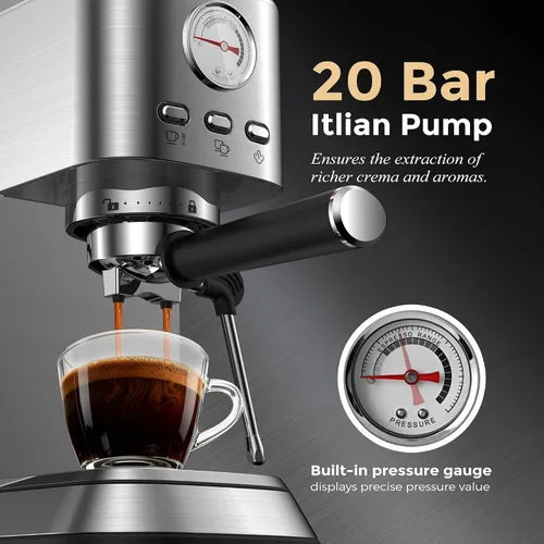 Vista 3 de Máquina de café expreso de 20 bares, cafetera compacta con espumador de leche, cafetera espresso con tanque de agua extraíble de 50 onzas