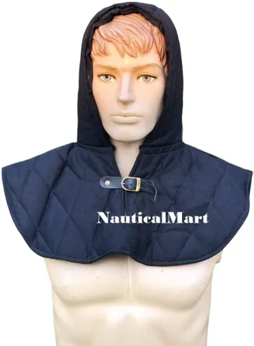 Vista 6 de Collar de armadura medieval renacentista de algodón acolchado y gorra de armado, cuello gorget, correa y hebilla, protector de cabeza de cuello
