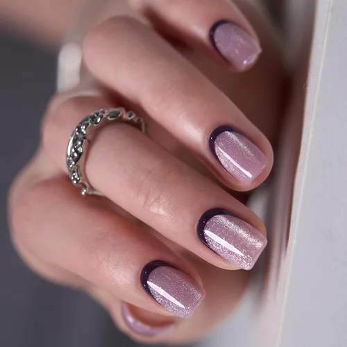 Vista 31 de CurvLife Uñas postizas cuadradas cortas a presión, terciopelo degradado Paris Script