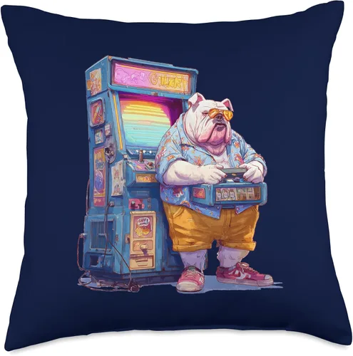 Vista 4 de Funny English Bulldog Gamer Dog 80s Retro Arcade Sunglasses Throw Pillow