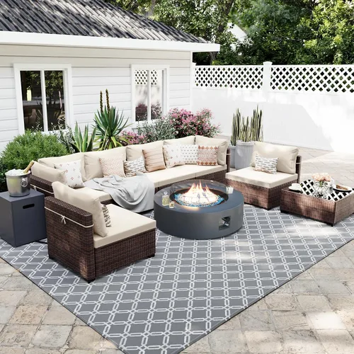 Vista 20 de UPHA Juego de muebles de mimbre para patio de 5 piezas con mesa auxiliar Cojín de ratán marrón y beige