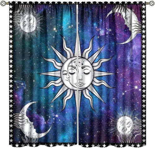 Vista 38 de Cortinas opacas con diseño de sol y luna, cuerpos celestes bohemios, con diseño de sol, luna y estrellas, para sala de estar, dormitorio, 42 x 45