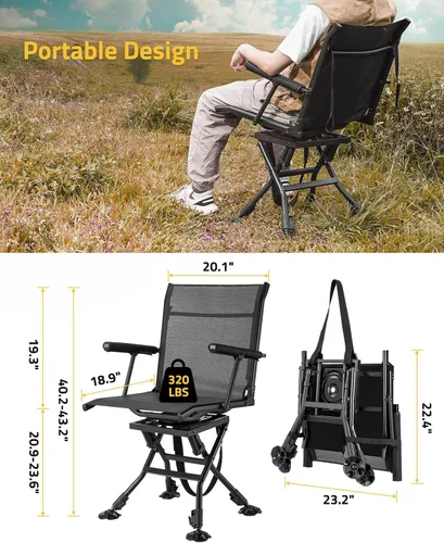 Vista 3 de Trakiom Sillas giratorias de caza para persianas, silla ciega de caza, silla giratoria silenciosa de 360 grados, asiento de caza portátil, altura