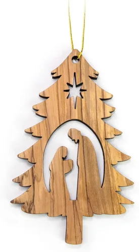 Vista 8 de Adornos de madera de olivo de Tierra Santa, adorno de pesebre de madera con bombilla 2D, pastores y ángeles, adornos de Navidad cristianos de 2 x 4
