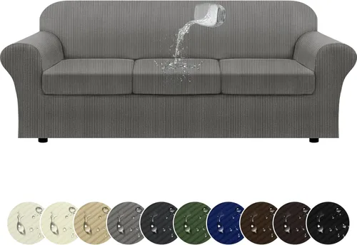 Vista 19 de Funda impermeable para silla con brazos, juego de 2 piezas, funda a rayas para 1 sofá separado con cojín en T, fundas de sillón de tela