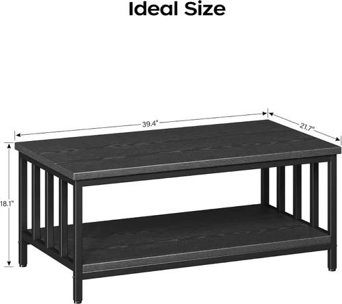 Vista 3 de Mesa de centro para sala de estar con marco de listones laterales, moderna mesa de sala de estar de granja con estante de almacenamiento de 2
