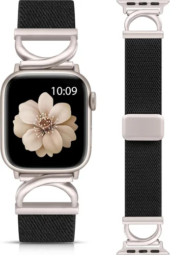 Vista 14 de Minyee Correa magnética elástica compatible con Apple Watch Band de 38/40/41/42/44/45/46/1.929 in para mujer, correa de metal en forma de C