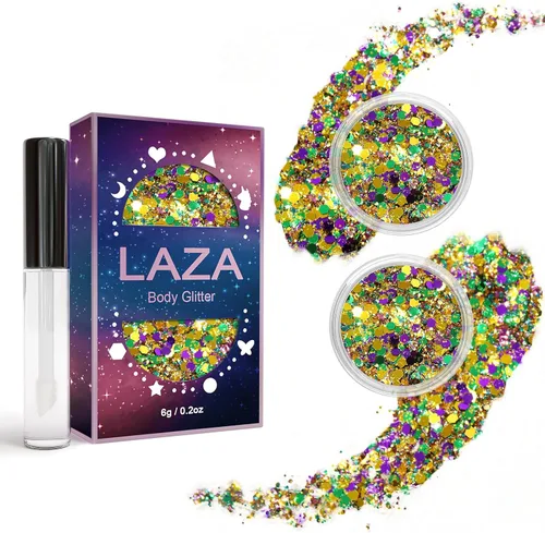 Vista 15 de Laza Purpurina corporal, 2 tarros de lentejuelas gruesas holográficas con pegamento de purpurina, perfecto para mujeres, sombra de ojos, maquillaje