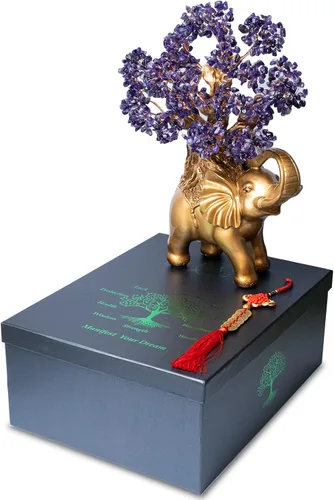 Vista 3 de Árbol de Dinero de Cristal de Amatista GEMBOURY en Estatua de Elefante Dorado, Bonsái Grande de 43 cm de Árbol de la Vida, Regalo de Decoración