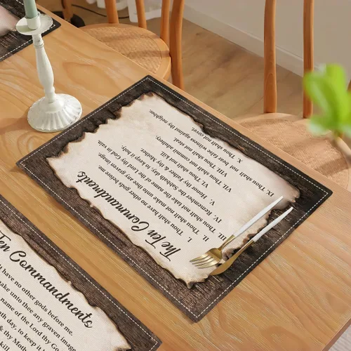 Vista 5 de Juego de 4 manteles individuales de los 10 mandamientos, manteles religiosos de los 10 mandamientos lavables de doble cara para cocina, comedor