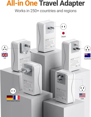 Vista 2 de BESTEK Adaptador de viaje universal, adaptador de corriente internacional con 1 tomacorrientes, 4 puertos de carga USB (1 USB C PD 35W), enchufes