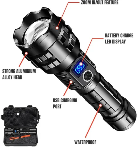 Vista 3 de NightBuddy Potente linterna LED táctica recargable de 5000 lúmenes altos para acampar en casa o supervivencia con interruptor de ventana