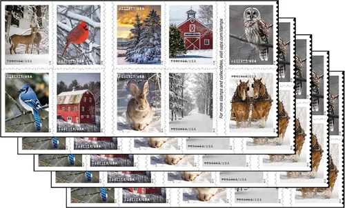 Vista 2 de Escenas de invierno genéricas Forever sellos postales 2 libros de 20 de primera clase del Servicio Postal de EE. UU. Celebraciones de vacaciones