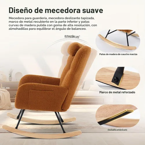 Vista 3 de Mecedora deslizadora tapizada con patas de madera para sala de estar, dormitorio, cuarto de bebé, incluye bolsillos laterales