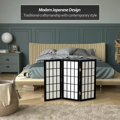 Vista 3 de Biombo portátil simple de 2 pies Biombo diseño Shoji, clásico diseño japonés 4 anchuras, 6 colores, Madera, Negro