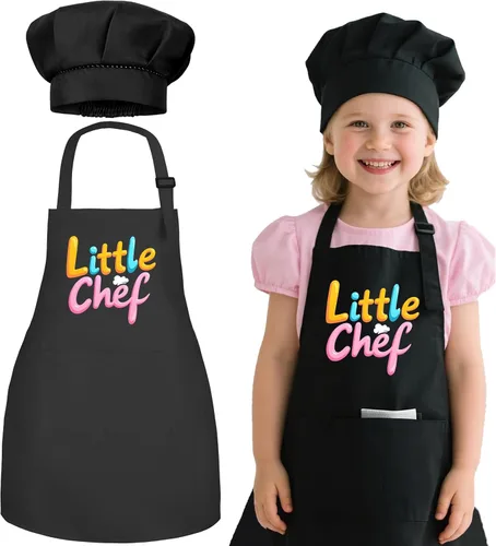 Vista 12 de Juego de Delantal y Gorro de Chef para Niños - Delantal de Cocina Ajustable para Niños con 2 Bolsillos, Negro, para Niños y Niñas de 3 a 8 Años