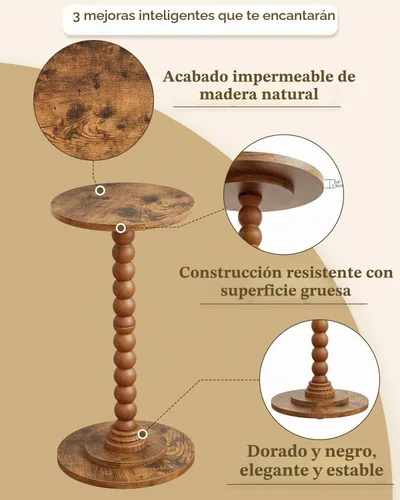 Vista 4 de Masupu Mesa auxiliar redonda, mesa auxiliar pequeña para espacios pequeños, mesa de bebidas con pedestal con pata de madera maciza para sala