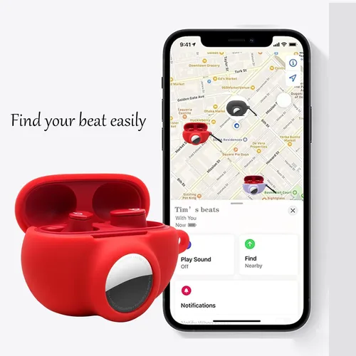 Vista 3 de Funda protectora de silicona compatible con Beats Studio Buds Airtag con soporte para Airtag, encuentra tu funda para auriculares, verde aguacate