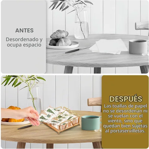 Vista 7 de Servilletero de metal, base de madera moderna, soporte de servilleta dorada para mesa con brazo de peso, para decoración de mesa de cocina, cóctel