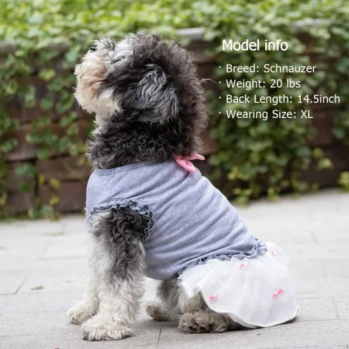 Vista 3 de KYEESE Vestido para perros gris con corbatín rosa para mascotas, ropa para cachorros para perros pequeños, falda para perros