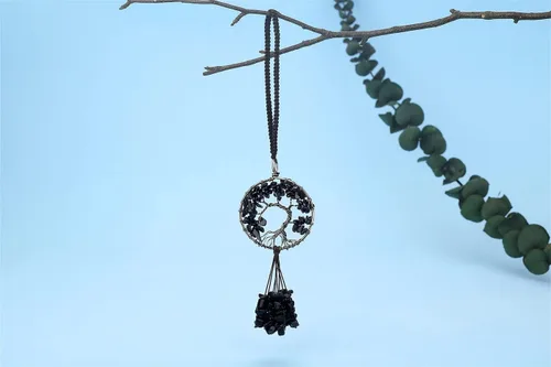 Vista 5 de MAIBAOTA Adorno colgante de cristal redondo negro obsidiana decoración árbol de la vida espiritual habitación decoración de pared lindo coche espejo