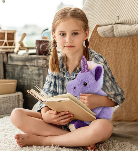Vista 7 de DolliBu Peluche de unicornio morado – Unicornio suave para abrazar, adorable juguete de peluche de unicornio para jugar, lindo regalo de fantasía