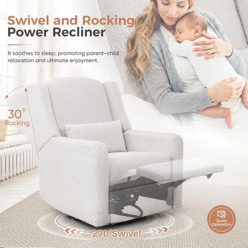 Vista 3 de Mecedora reclinable giratoria eléctrica, gran comodidad, para guardería, color crema Mecedora suave con almohada lumbar y puerto de carga USB
