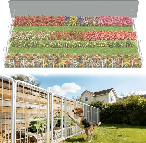 Vista 34 de FXW Valla de jardín al aire libre para el patio, 17 pulgadas de alto x 29.3 pies de largo, barrera de metal resistente para animales, para perros