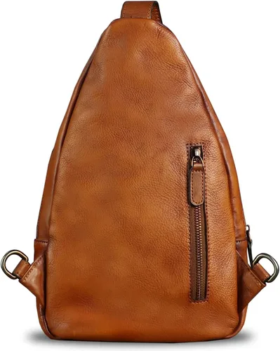 Vista 3 de Bolso bandolera de cuero genuino para hombres y mujeres, mochila vintage de cuero real, bolsa cruzada de hombro, bolsa de pecho