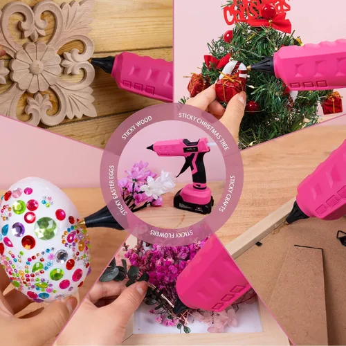 Vista 7 de Pistola de pegamento caliente, pistola de pegamento inalámbrica rosa de 20 V con 30 barras de pegamento de tamaño completo, kit de pistola