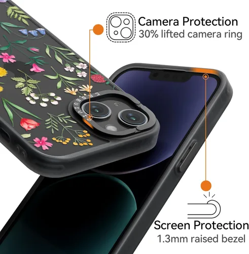 Vista 3 de Carcasa para iPhone 15, diseño de flores naturales, color negro Cute Funny Pattern Design for Girls Women Men, Durable Shockproof 6.1" Phone Case