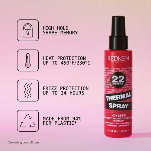 Vista 2 de Redken Spray Térmico 22 Alta Fijación - Protector térmico y bruma fijadora contra el calor, para rizadores y planchas, control duradero del frizz