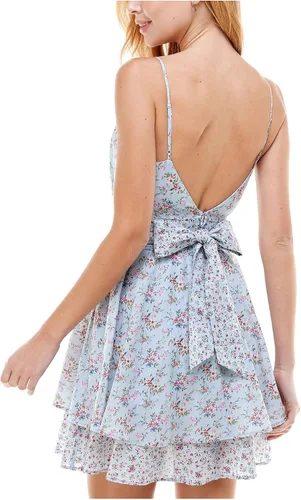 Vista 2 de Falda escalonada de encaje azul claro con cremallera y lazo en la espalda para mujer, tirantes delgados, cuello cruzado + vestido acampanado 9, Azul