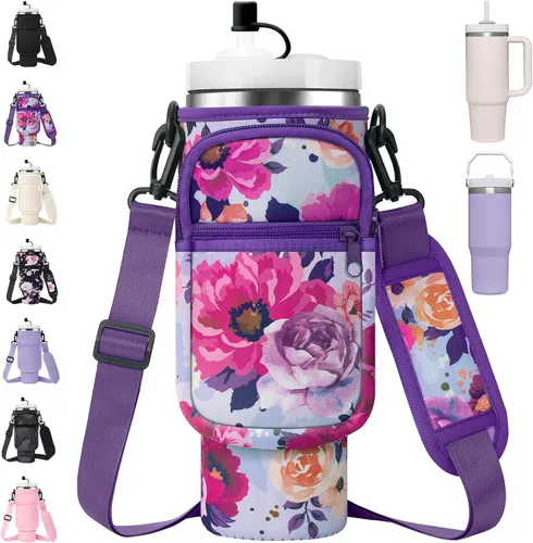 Vista 10 de AceTreker Bolsa de transporte para botella de agua con correa para vaso Stanley de 40/30 onzas, funda aislante de neopreno con bolsillo para 01-Crema