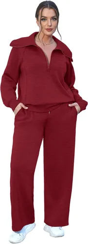 Vista 3 de XIEERDUO Conjuntos de descanso para mujer 2023 sudadera de gran tamaño con media cremallera y pantalón deportivo de pierna ancha de 2 piezas