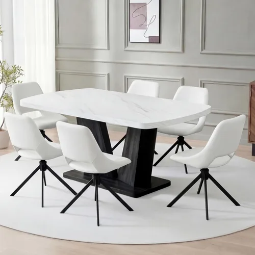 Vista 17 de Juego de mesa de comedor para 6, juego de mesa de comedor de mármol para 6, juego de 6 sillas de mesa de cocina con base de madera, juego de mesa