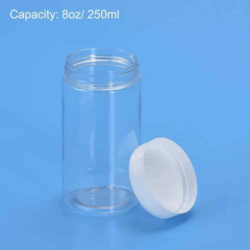 Vista 4 de uxcell Tarros redondos de plástico con tapa superior de rosca blanca, recipientes vacíos transparentes de boca ancha de 8 onzas para almacenamiento