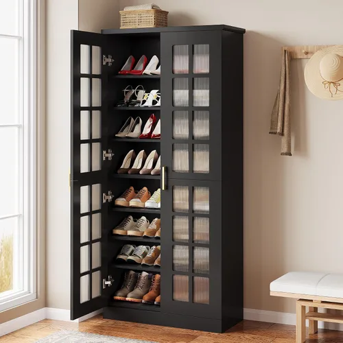 Vista 3 de Tribesigns Zapatero alto con puertas, almacenamiento de zapatos de 8 niveles con estantes ajustables, moderno organizador de zapatos para entrada