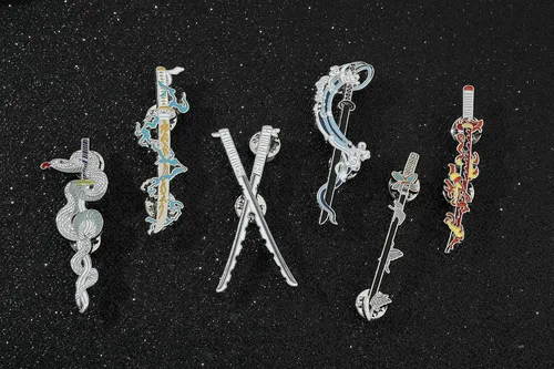 Vista 7 de Anime Slayer - Juego de pines de llavero Figuras de dibujos animados 9 Hashiras Mini Katana Sword Llaveros Esmalte Pin Joyería Hombres Mujeres